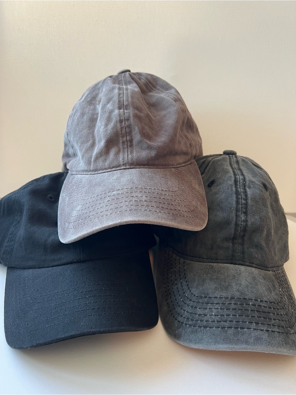 Classic Wash Cotton Baseball Caps x3  - Black, heather gray & light brown